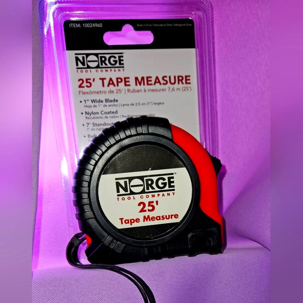 Tape Measure 25 Foot Industrial Retractable Belt Clip Red Black Norge Tool NWT